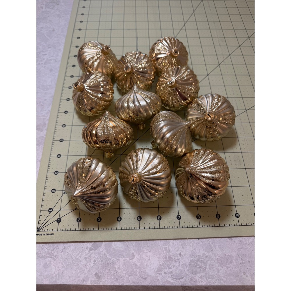 Set of 12 shatterproof  Gold Glitter Ribbed Onion Christmas Ornaments
